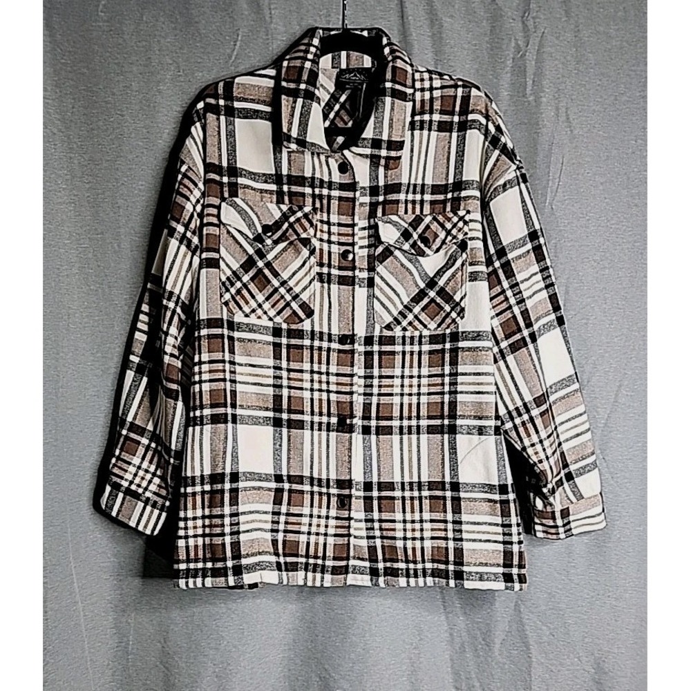 HFX Women's Shirt Jacket XL Plaid Black Brown Relaxed Fit Front & Side Pockets